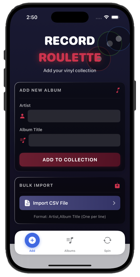Record Roulette iOS app preview