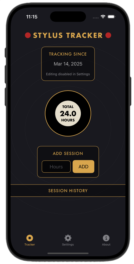 Stylus Tracker iOS app showing tracking interface