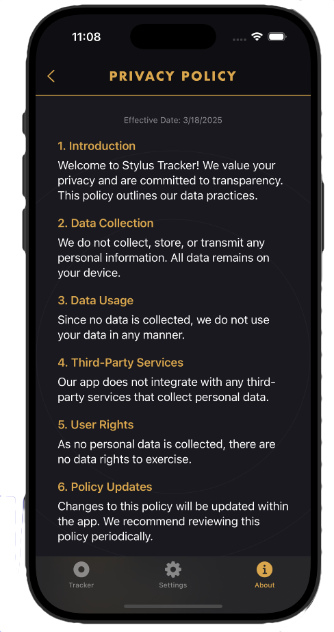 Stylus Tracker privacy policy screen