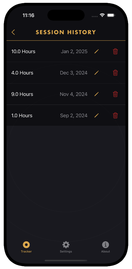 Stylus Tracker session history screen