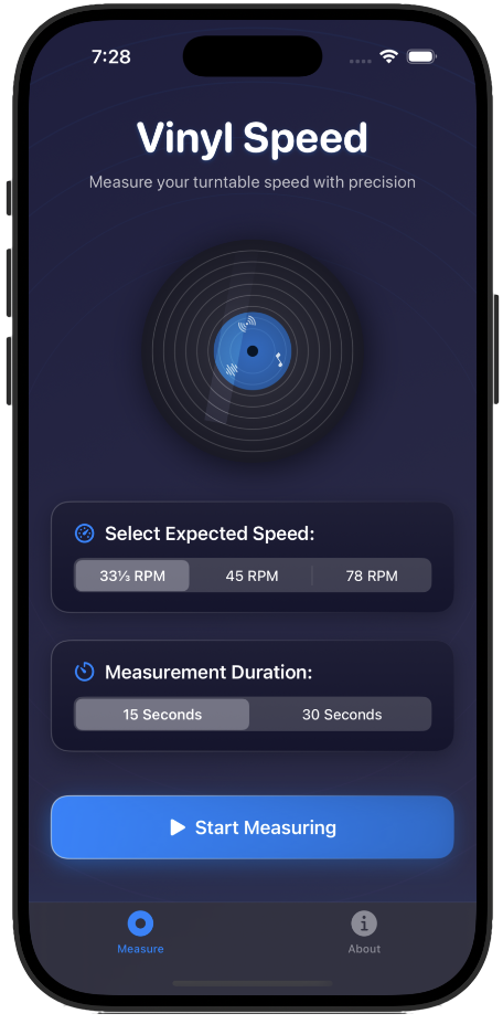Vinyl Speed iOS app showing speed measurement