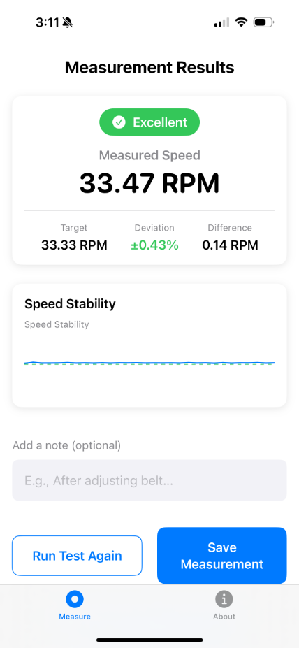 Vinyl Speed measurement screen